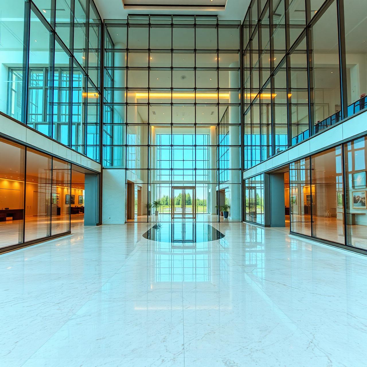 Modern glass apartment lobby polished